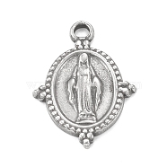 304 Stainless Steel Pendants, Oval with Virgin Mary Pattern Charm, Stainless Steel Color, 19x14x1.5mm, Hole: 1.6mm(STAS-F287-24P)