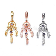 Rack Plating Alloy European Dangle Charms, with Tanzanite Rhinestone, Large Hole Beads, Cadmium Free & Lead Free, Woven Net/Web with Feather, Mixed Color, 43mm, Hole: 4.5mm, Feather: 11x3.5x1.5mm(MPDL-N039-214)