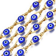 Ion Plating(IP) 304 Stainless Steel Textured Oval Cable Chains, with Enamel Evil Eye Beads, with Spool, Unwelded, Real 18K Gold Plated, Nickel Free, Blue, 11x5.5x3mm, 7.5x3x1mm, about 32.81 Feet(10m)/Roll(CHS-T003-33G-02)