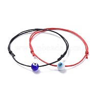 Adjustable Waxed Cotton Cord Bracelet Sets, with Handmade Lampwork Evil Eye Round Beads, Mixed Color, 2 inch~3-7/8 inch(5~9.9cm), 1~2mm, 2pcs/set(BJEW-JB04463)