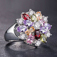 Cubic Zirconia Flower Finger Ring, Colorful, US Size 6(16.5mm)(PW-WG24646-01)