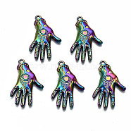 Rainbow Color Alloy Pendants, Cadmium Free & Lead Free, Hand with Eye, 31x20x3.5mm, Hole: 1.8mm(PALLOY-S180-006-RS)