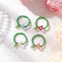 Glass Beads with Acrylic Charms Finger Rings, Flower, Mixed Color, 12mm, Inner Diameter: 18mm(RJEW-TA00205)