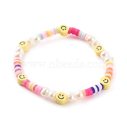 Handmade Polymer Clay Heishi Beaded Stretch Bracelets, with Natural Pearl Beads, Smiling Face, Colorful, Inner Diameter: 2-1/8 inch(5.5cm)(X-BJEW-JB06143-05)