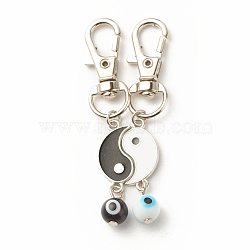 Alloy Enamel Keychain, with Alloy Swivel Lobster Claw Clasps and Evil Eye Lampwork Bead, Yin Yang, Platinum, 65mm, 2pcs/set(KEYC-JKC00309)