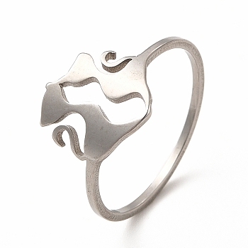 304 Stainless Steel Double Cat Finger Ring for Women, Stainless Steel Color, Inner Diameter: 17.8mm