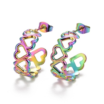 Ion Plating(IP) Rainbow Color 304 Stainless Steel Stud Earrings for Women, Hollow Heart Earrings, Rainbow Color, 21x25x8mm, Pin: 0.7mm