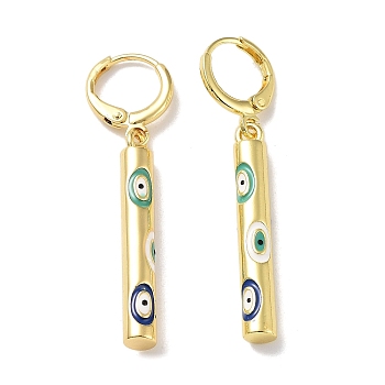 Real 18K Gold Plated Brass Dangle Leverback Earrings, with Enamel, Column with Evil Eye, Colorful, 44x4.5mm