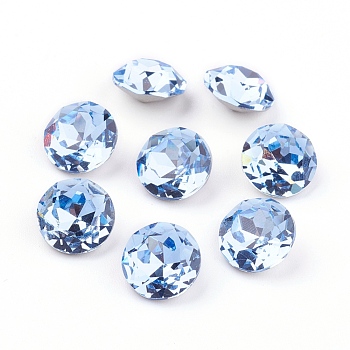 Pointed Back & Back Plated K9 Glass Rhinestone Cabochons, Grade A, Faceted, Flat Round, Light Sapphire, 10x5mm
