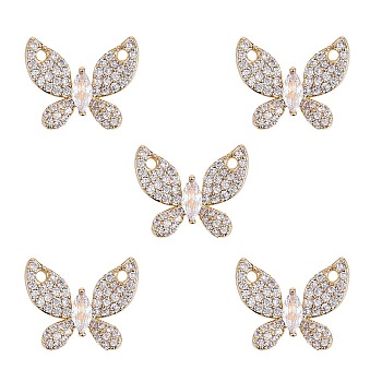 Rack Plating Brass Micro Pave Clear Cubic Zirconia Pendants, Nickel Free, Butterfly, Real 18K Gold Plated, 13x16x2.5mm, Hole: 1.5mm, 5pcs/box