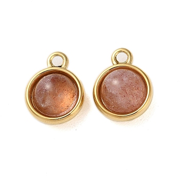 Natural Strawberry Quartz Half Round Charms, with 304 Stainless Steel Findings, Real 14K Gold Plated, 13.5x10.5x6.5mm, Hole: 1.8mm