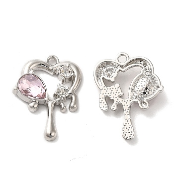 Alloy Pendant, with Glass, Platinum, Lead Free & Cadmium Free, Melting Heart Charm, Misty Rose, 23.5x18x4mm, Hole: 1.8mm