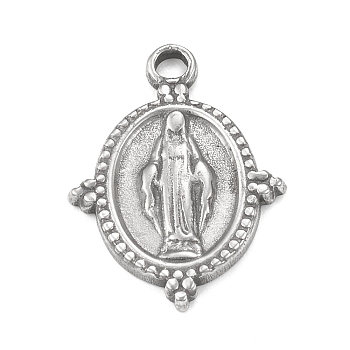 304 Stainless Steel Pendants, Oval with Virgin Mary Pattern Charm, Stainless Steel Color, 19x14x1.5mm, Hole: 1.6mm
