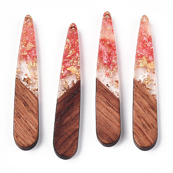 Transparent Resin & Walnut Wood Pendants, with Gold Foil, Teardrop Charms, Waxed, Salmon, 44x7.5x3.5mm, Hole: 1.5mm