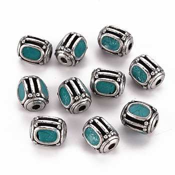 Handmade Indonesia Beads, with Brass Findings, Barrel, Antique Silver, Teal, 10.5~11x8.5~9mm, Hole: 2mm