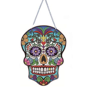 Hanging Door Sign DIY Diamond Painting Kit, Including Resin Rhinestones Bag, Diamond Sticky Pen, Tray Plate and Glue Clay and Acrylic Sheet, Skull, 200x200mm