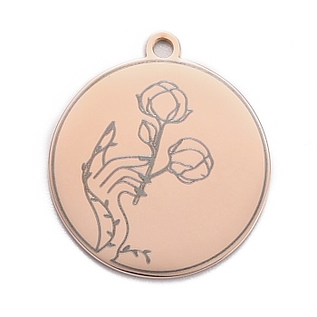 304 Stainless Steel Pendants, Flat Round with Hand & Flower, Rose Gold, 28x25x1.4mm, Hole: 2mm