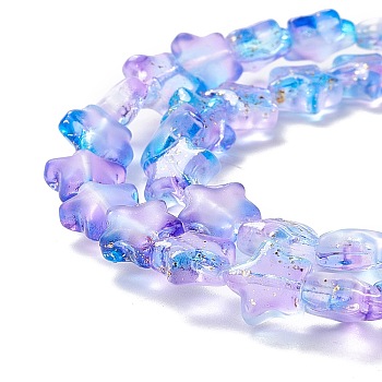 Transparent Glass Beads, with Glitter Powder, Star, Lilac, 7.5~8x8.3x4mm, Hole: 0.7~1mm, about 50pcs/strand, 14.72~14.92 inch(37.4~37.9cm)