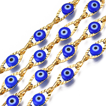 Ion Plating(IP) 304 Stainless Steel Textured Oval Cable Chains, with Enamel Evil Eye Beads, with Spool, Unwelded, Real 18K Gold Plated, Nickel Free, Blue, 11x5.5x3mm, 7.5x3x1mm, about 32.81 Feet(10m)/Roll