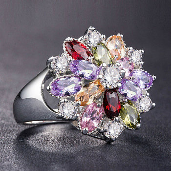 Cubic Zirconia Flower Finger Ring, Colorful, US Size 6(16.5mm)