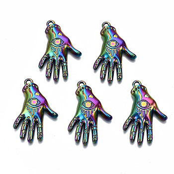 Rainbow Color Alloy Pendants, Cadmium Free & Lead Free, Hand with Eye, 31x20x3.5mm, Hole: 1.8mm