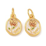 Brass Enamel Pendants, Oval with Flower Charms, with Glitter Powder, Long-Lasting Plated, Lead Free & Cadmium Free, with Jump Ring, Real 24K Gold Plated, 12x8.5x2.5mm, Hole: 3mm(KK-K364-30G)