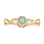 Brass Micro Pave Clear Cubic Zirconia Fold Over Clasps, with Synthetic Turquoise, Flat Round, Real 18K Gold Plated, 33.5mm(KK-U059-63G)