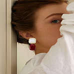 1 Pair Zinc Alloy Enamel Stud Earrings, with Shell, Square and Teardrop, Golden, 41x18mm(EJEW-LP0009-15)