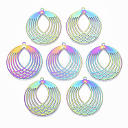 Ion Plating(IP) 201 Stainless Steel Filigree Pendants, Etched Metal Embellishments, Flat Round, Rainbow Color, 32.5x30x0.4mm, Hole: 1.5mm(STAS-T057-12)