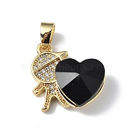 Real 18K Gold Plated Rack Plating Brass Micro Pave Clear Cubic Zirconia Pendants, with Glass, Long-Lasting Plated, Cadmium Free & Lead Free, Boy with Heart Charm, Black, 19.5x18x7.5mm, Hole: 5.5x3.5mm(KK-C015-21G-17)