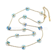 Glass Flower Link Chain Necklaces, 316 Surgical Stainless Steel Jewelry for Women, Real 18K Gold Plated, Deep Sky Blue, 21.30 inch(54.1cm)(NJEW-H041-04G-03)