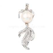 Rhodium Plated 925 Sterling Silver Pendants, with Cubic Zirconia and Natural Pearl Beads, Fish Charms, with S925 Stamp, Real Platinum Plated, 35x13x9mm, Hole: 3x2.5mm(STER-Z003-01P)