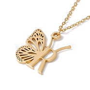 Initial Letter with Butterfly Pendant Necklace, Golden 304 Stainless Steel Jewelry for Women, Letter.R, Pendant: 22.5x20x1mm, 15.55 inch(39.5cm)(NJEW-C026-01G-R)