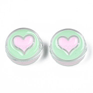Transparent Acrylic Beads, with Enamel, Flat Round with Heart, Aquamarine, 23x9mm, Hole: 3mm(ACRC-T002-02A)