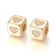Brass Micro Pave Cubic Zirconia European Beads, Large Hole Beads, Long-Lasting Plated, Cube with Heart Pattern, Clear, Golden, 9x9x9.5mm, Hole: 4.5mm(ZIRC-G162-14G-03)