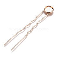 Iron Hair Fork Findings, with Flat Round Brass Cabochon Settings, Long-Lasting Plated, Light Gold, Tray: 10mm, 78x12x3mm(KK-M040-04A-LG)
