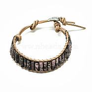 Cowhide Leather Cord Bracelets, with Column Natural Rhodonite Beads and Alloy Findings, 9~11 inch(23~28cm)(BJEW-R309-01B-06)