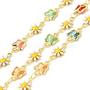 Handmade Brass Enamel Flower & Butterfly Link Chains, with Glass, Long-Lasting Plated, Soldered, with Spool, Colorful, 11x7x2mm, 12.5x7.5x2mm(CHC-D032-12G)