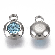 Rhinestone Charms, March Birthstone Charms, with 201 Stainless Steel, Flat Round, Stainless Steel Color, Aquamarine, 9x6.5x4mm, Hole: 1.8mm(STAS-S105-JN919-3)