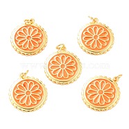 Real 18K Gold Plated Brass Pendants, with Enamel, Long-Lasting Plated, Flat Round with Flower, Orange, 22.5x19.5x2mm, Jump Ring: 5x1mm, 3mm Inner Diameter(KK-L206-013G-07)