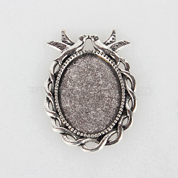 Tibetan Style Alloy Pendant Cabochon Settings, Cadmium Free & Lead Free, Oval with Birds, Antique Silver, Tray: 18x25mm, 38x27x2mm, Hole: 3x4mm(X-TIBEP-N003-32AS)