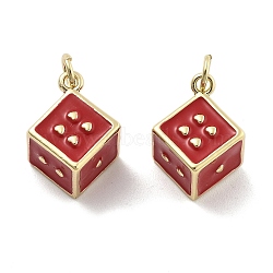 Brass Enamel Pendants, with Jump Ring, Dice Charm, Real 18K Gold Plated, FireBrick, 17x12.5x9.5mm, Hole: 3mm(KK-U060-33G-01)