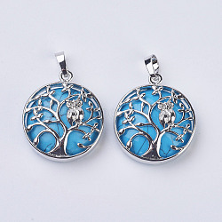 Synthetic Turquoise Pendants, with Brass Findings, Flat Round with Tree of Life, Platinum, 31~32x27x8~9mm, Hole: 5x7mm(G-K234-E07)