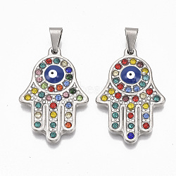 304 Stainless Steel Pendants, with Colorful Rhinestone,Iron Snap On Bails and Enamel, Hamsa Hand/Hand of Fatima/Hand of Miriam with Evil Eye, Stainless Steel Color, 38x25x4mm, Hole: 5x7mm(X-STAS-T050-017P)