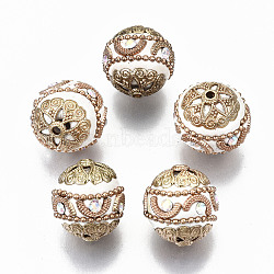 Handmade Indonesia Beads, with Crystal AB Rhinestone and Golden Tone Brass Findings, Round, White, 20~21x19~21mm, Hole: 1.6mm(IPDL-N003-008)