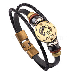 Braided Leather Cord Retro Multi-strand Bracelets, with Wood Beads, Hematite Beads and Alloy Findings, Flat Round,  Antique Bronze, Pisces, 8-1/4 inch(21cm)(BJEW-L616-20F)