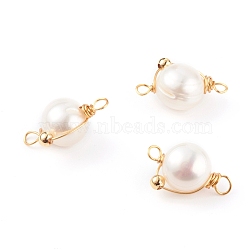 Natural Cultured Freshwater Pearl Pendants, with Brass Beads and Copper Wire, Round, Golden, 18~20x12~13x9~10mm, Hole: 1.5mm(PALLOY-JF00673-01)