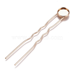 Iron Hair Fork Findings, with Flat Round Brass Cabochon Settings, Long-Lasting Plated, Light Gold, Tray: 10mm, 78x12x3mm(KK-M040-04A-LG)