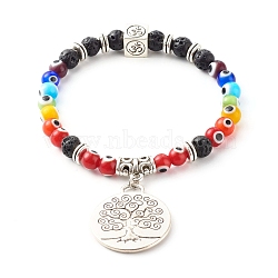 Handmade Lampwork Evil Eye Stretch Charm Bracelets, with Natural Lava Beads and Tibetan Style Alloy Charm, Flat Round with Tree of Life, Colorful, Inner Diameter: 2-1/4 inch(5.6cm)(BJEW-JB06369)