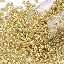 8/0 Glass Seed Beads, Metallic Colours Style, Round, Gold, 8/0, 3mm, Hole: 1mm, about 1111pcs/50g(X-SEED-A017-3mm-1115)